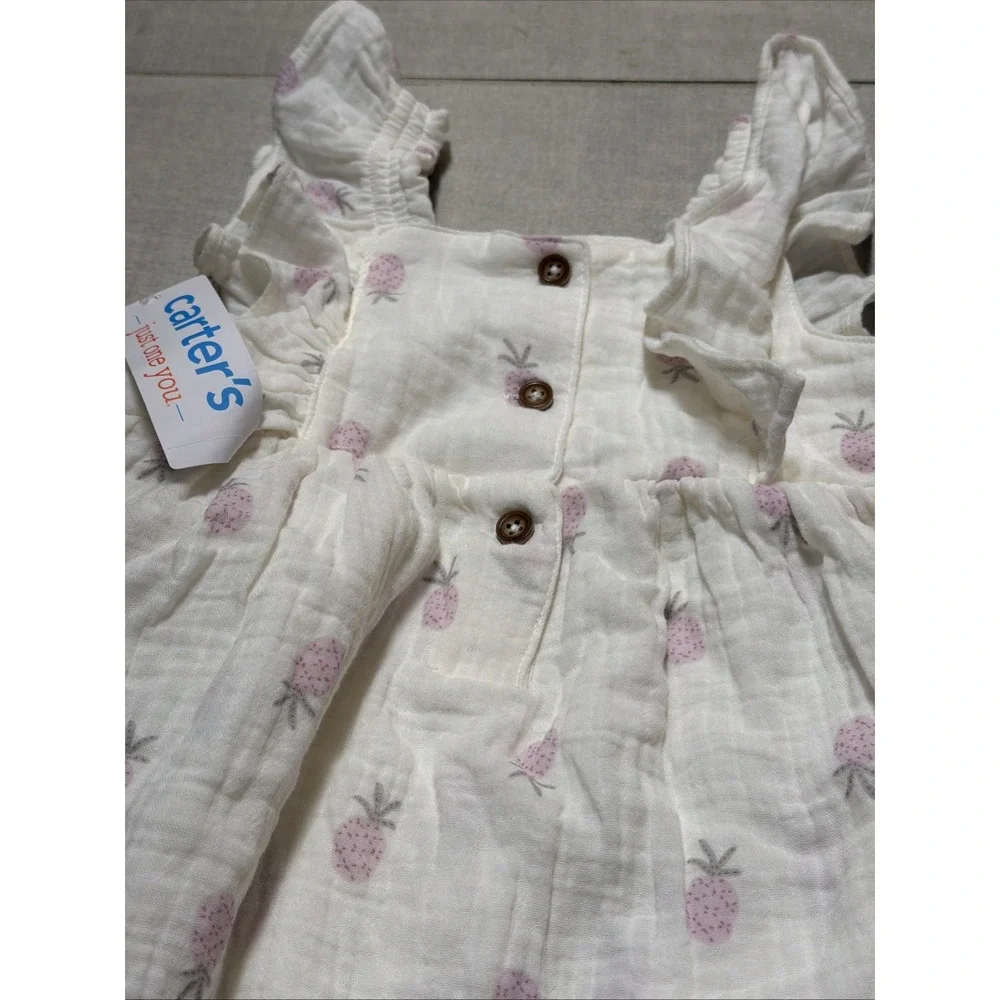 NWT Carter's Girls 24M White Muslin Cotton Pineapple 1pc Dress & Bodysuit Set
